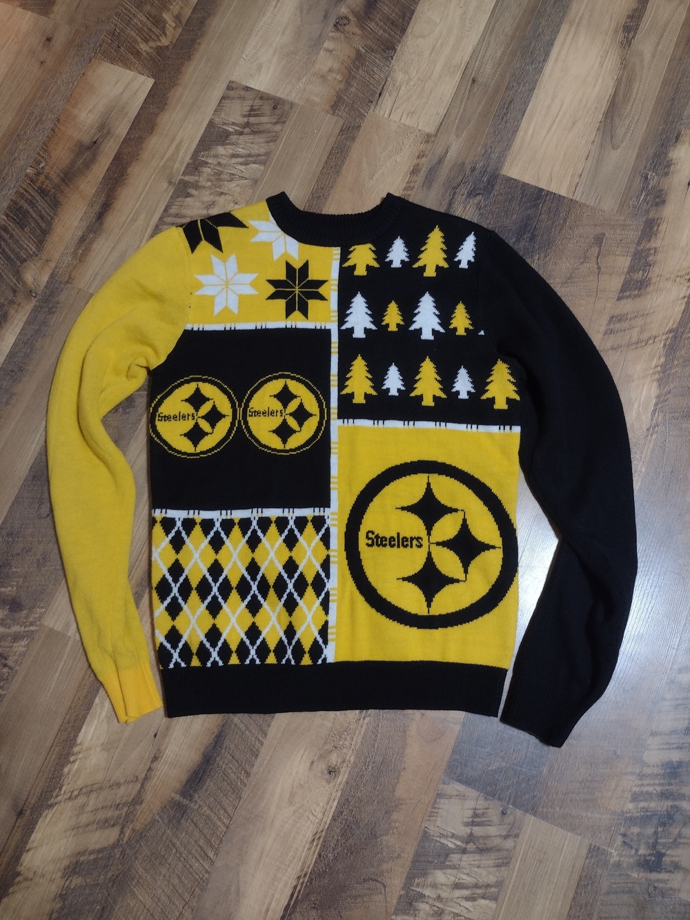 NFL Pittsburgh Steelers Patchwork Crewneck Sweater Holiday- Black & Yellow Sz Sm